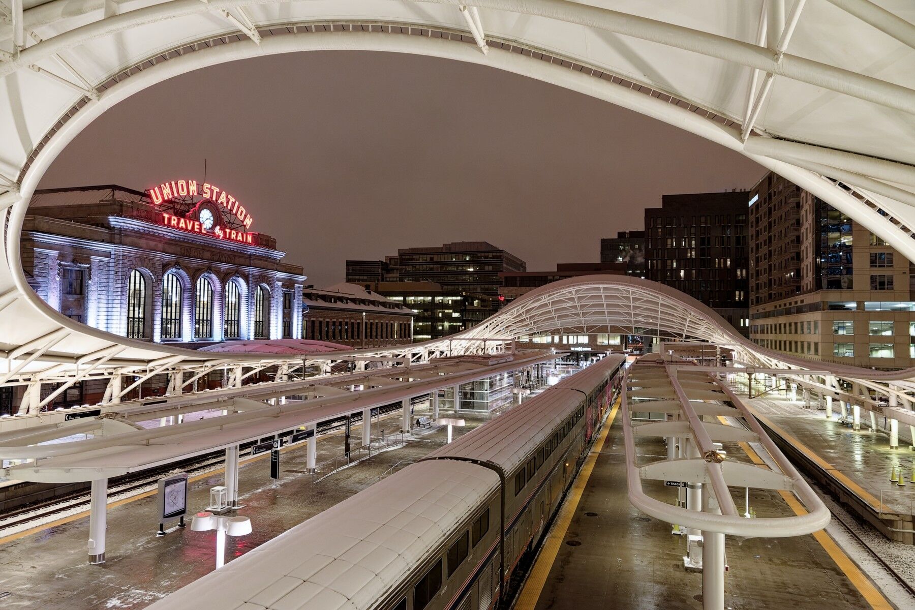 It's 2 degrees below zero at 2:15 am in Denver Colorado. Ski train sits in the cold at Denver's Union Station.