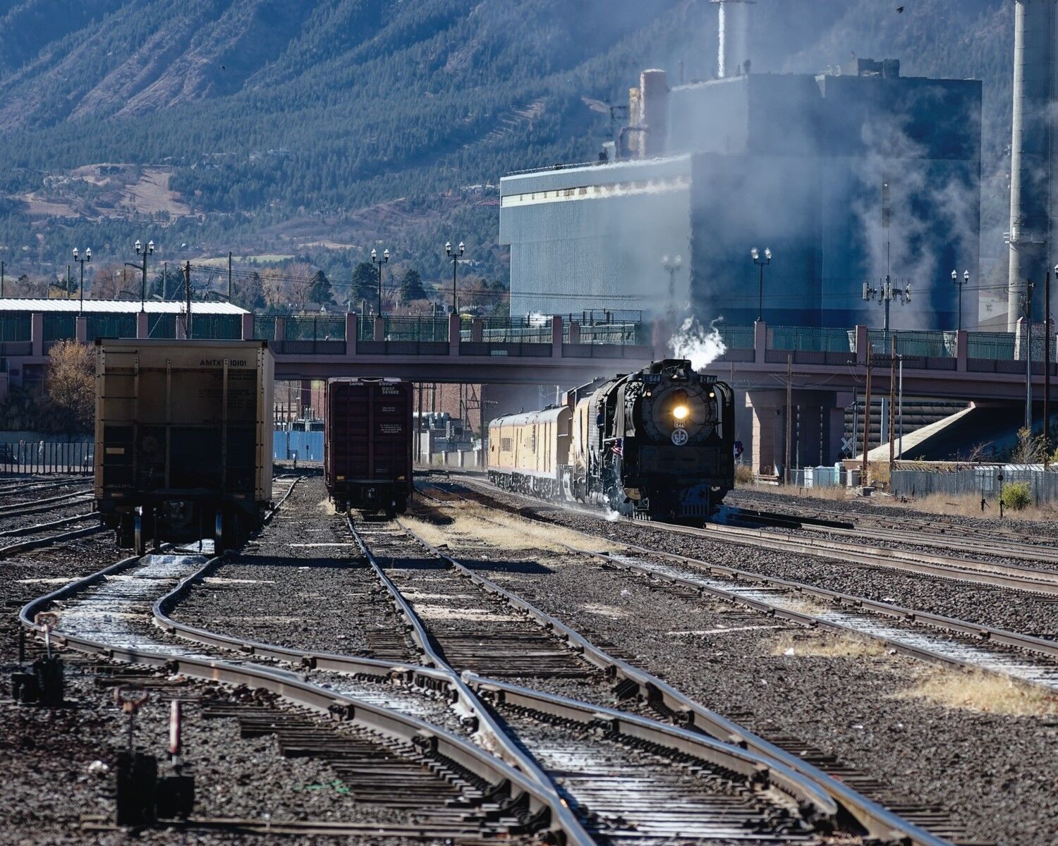 Union Pacific steam locomotive 844 arrives in Colorado Springs Colorado.