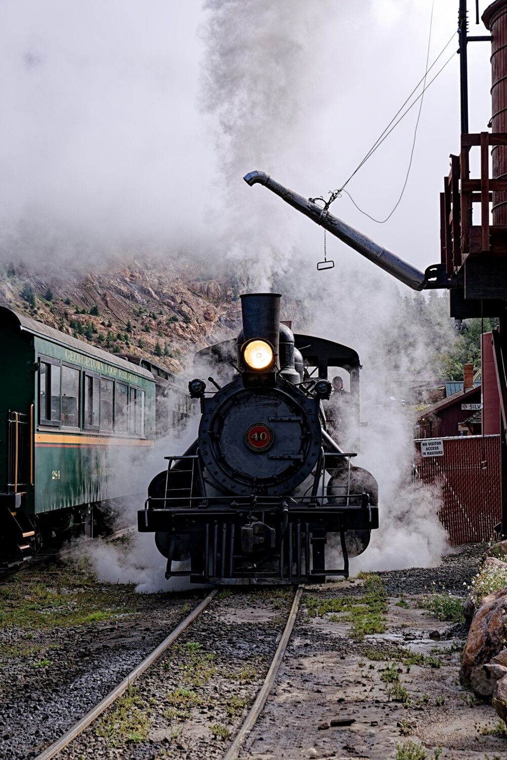 Loop locomotive 40 makes its way through the yard to the water tank in Silver Plume on the Georgetown Loop Railroad Colorado.