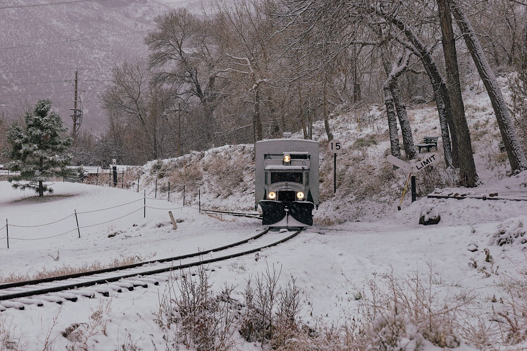 Fighting Some Snow A wintry day as RGS Goose number 2 makes its way through the snow at the Colorado Railroad Museum.