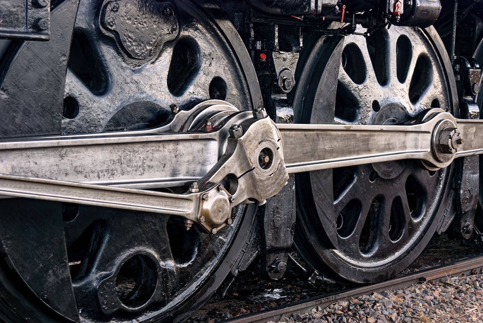 The drive wheels of Union Pacific #844. Taken at Denver's Union station in Denver Colorado.