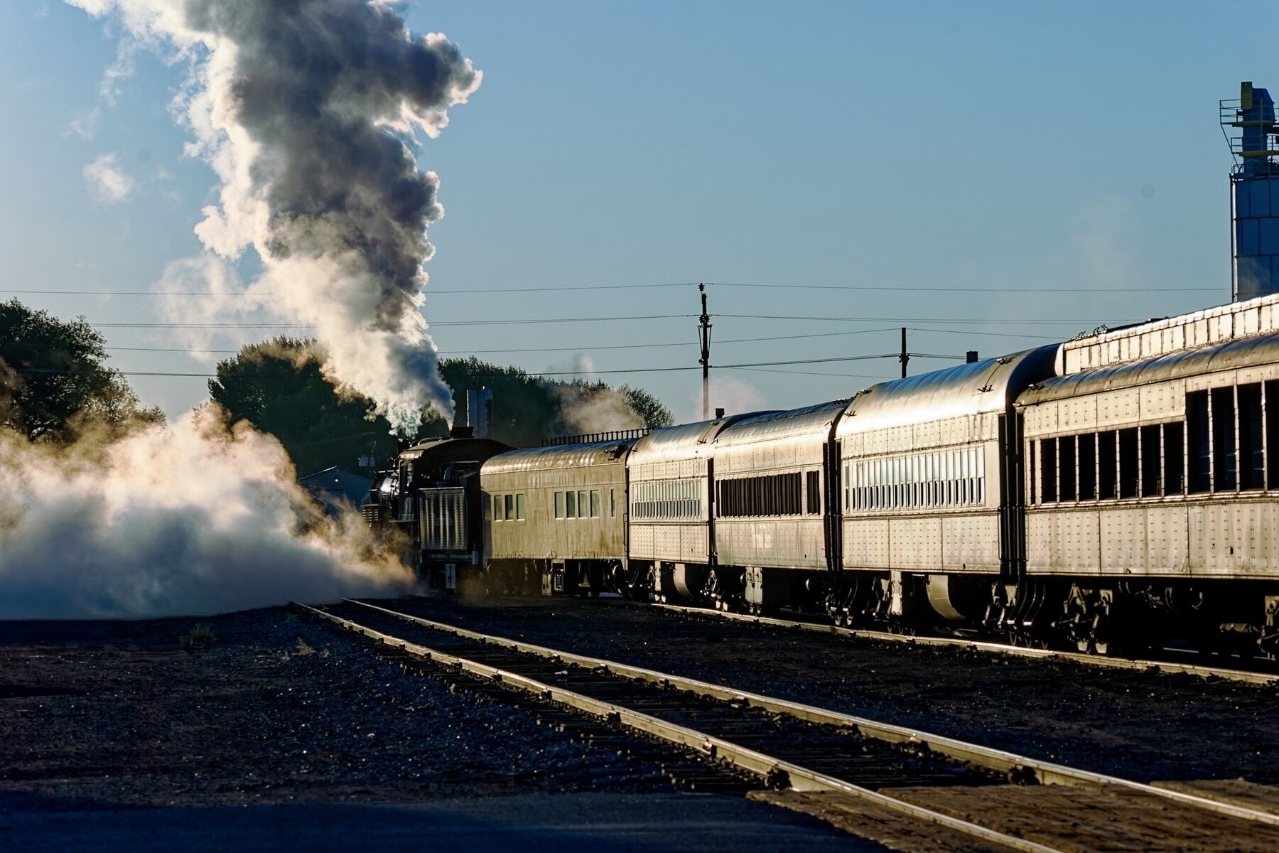 Here We Go A passenger train departing Alamosa Colorado heading east on the Rio Grande Scenic Railroad.