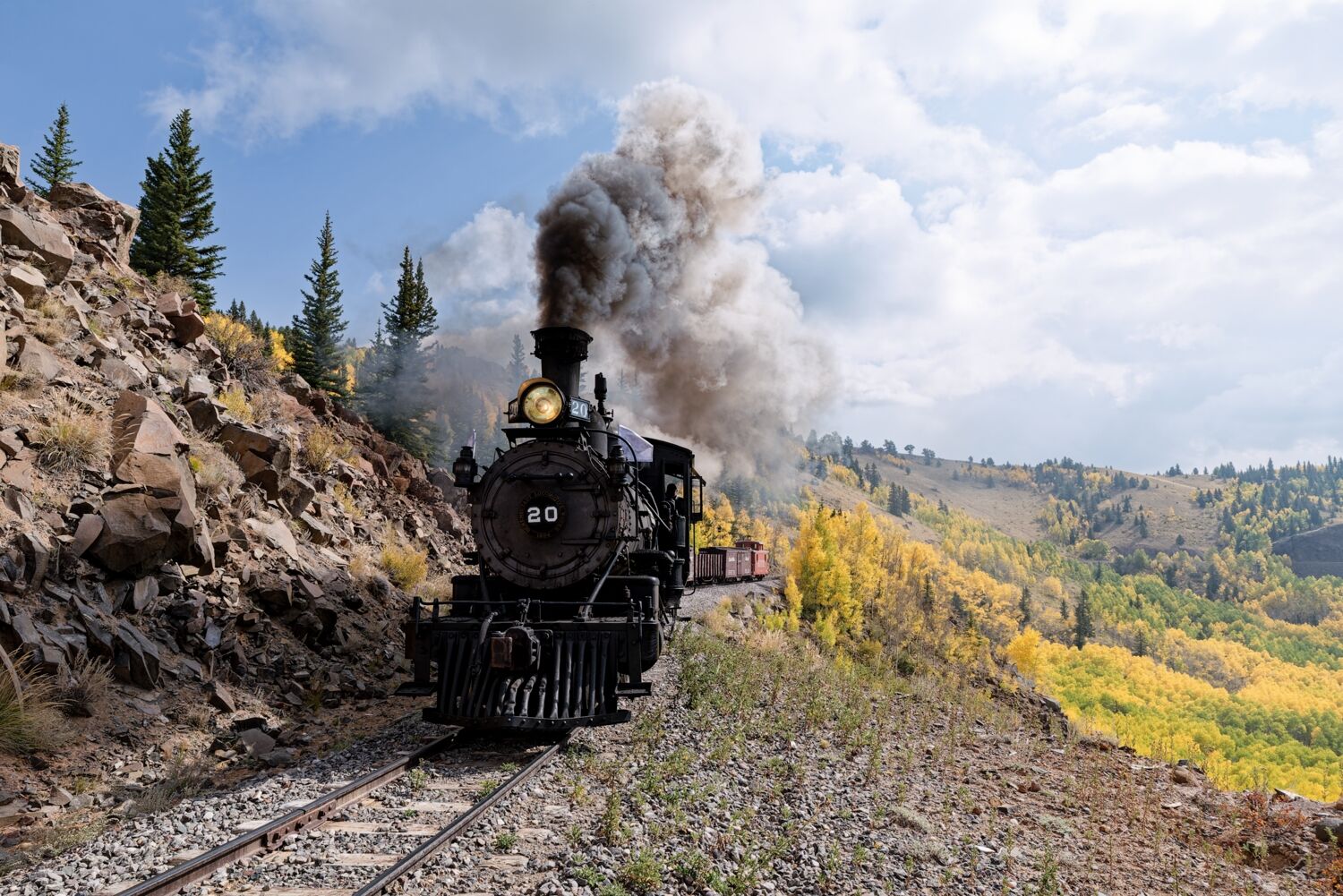 The color of fall makes for a perfect background for Rio Grande Southern number 20. Taken on the Cumbres Toltec Scenic Railroad...