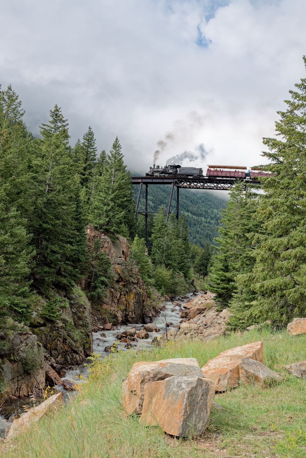 First train to Silver Plume crosses Devils Gate Bridge on its trip to Silver Plume Co.