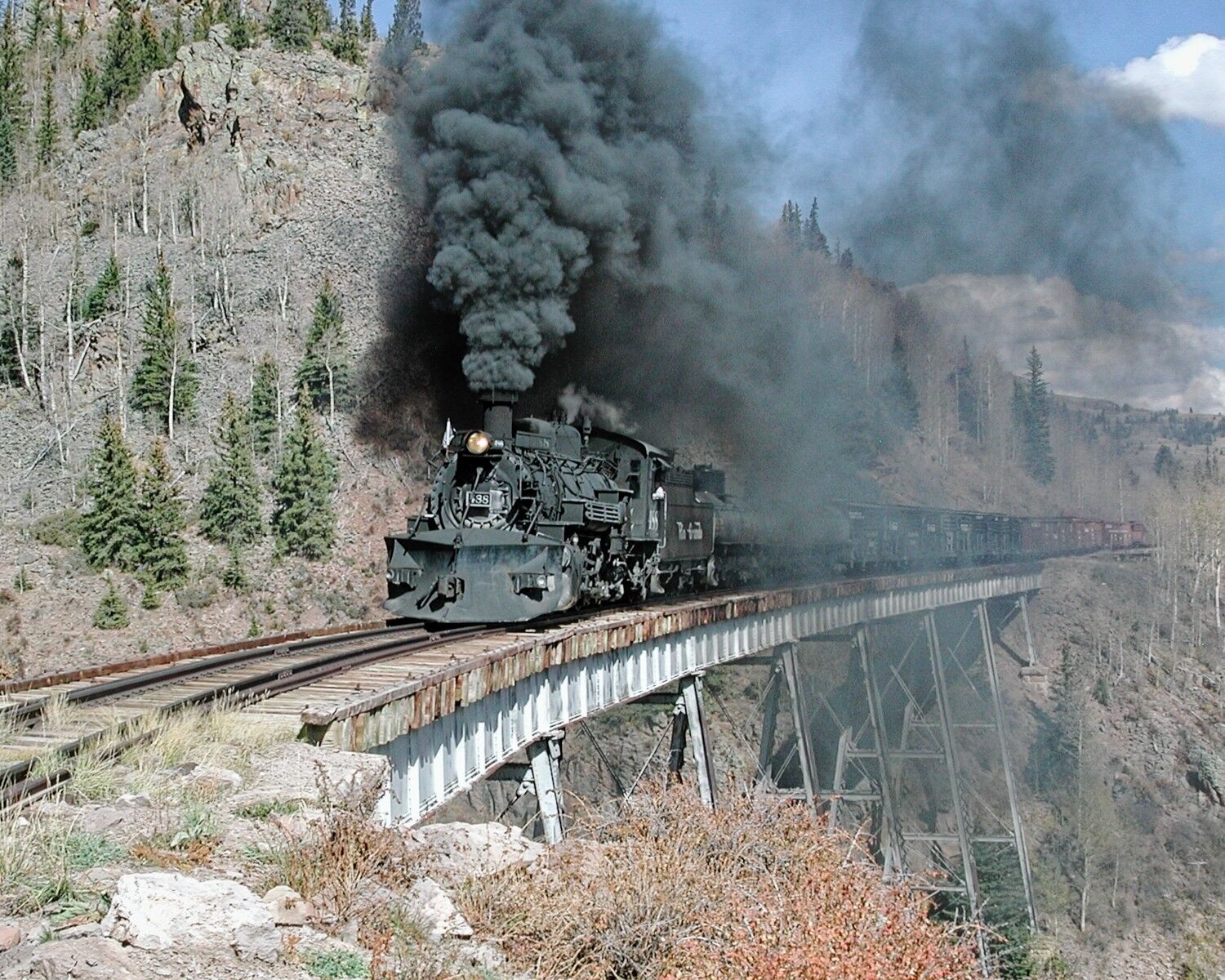 Narrow Gauge Freight At Cascade A Narrow gauge freight crosses Cascade trestle at the Cumbres Toltec Scenic.