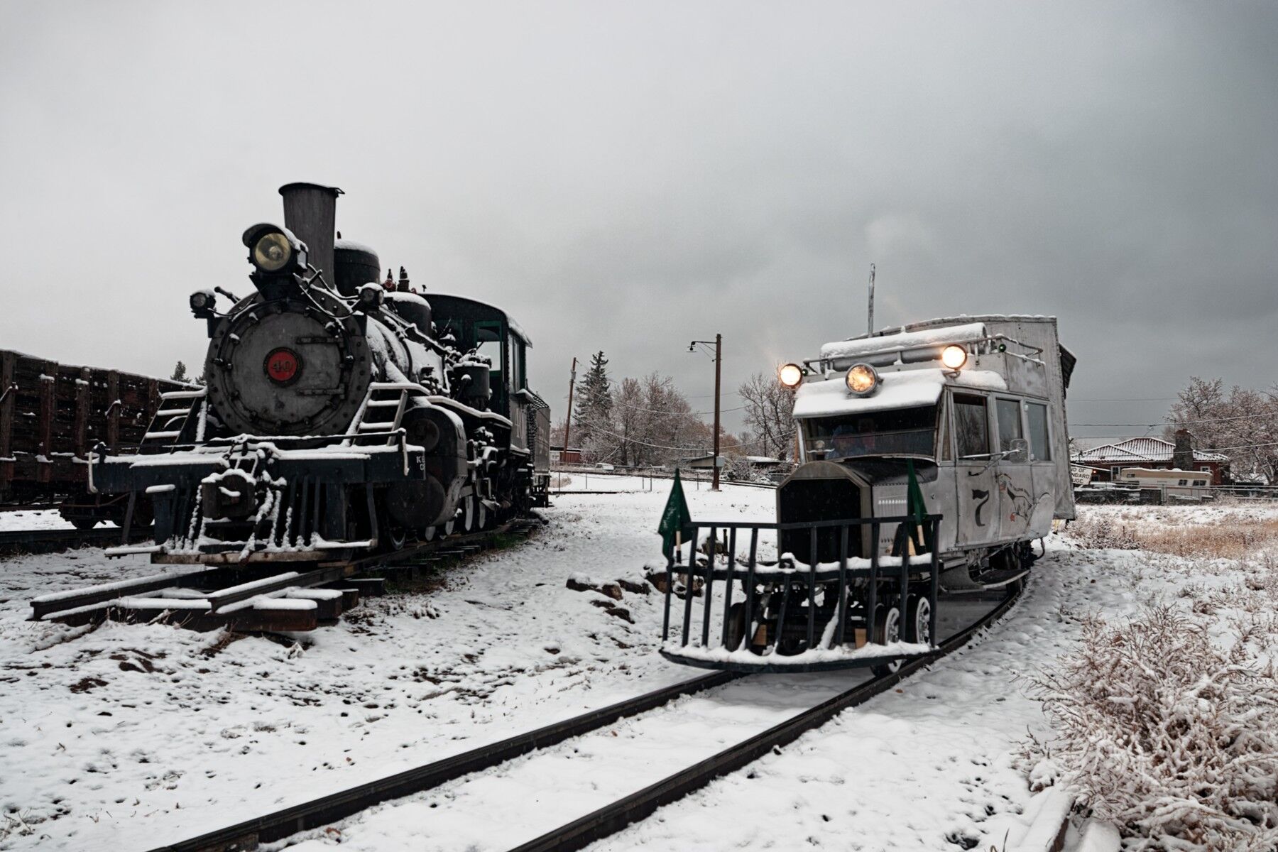 No Steam Today Rio Grande Southern Goose 7 is running today while a steam locomotive sits cold on a cold winter day. At the Colorado Railroad...