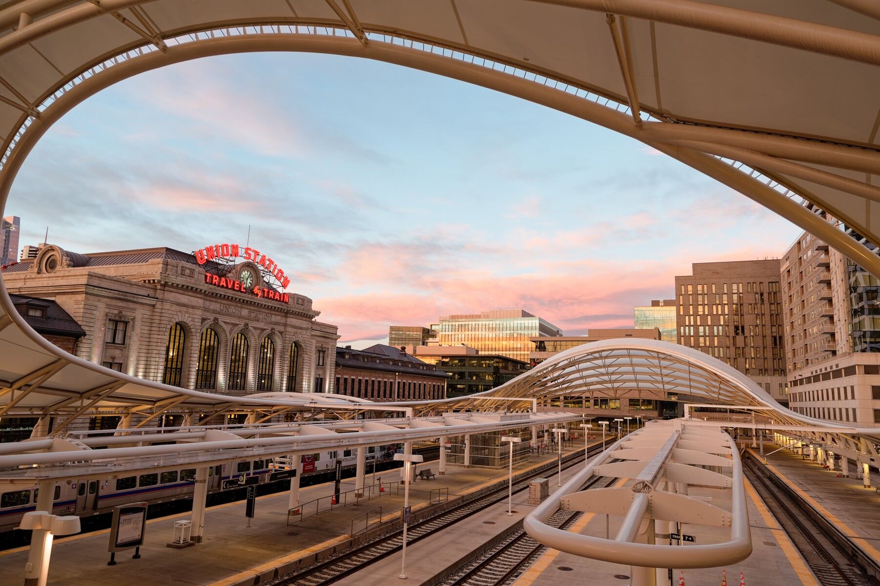 Sunrise glow over Denver's Union Station making for a perfect sunrise in downtown Denver Colorado.