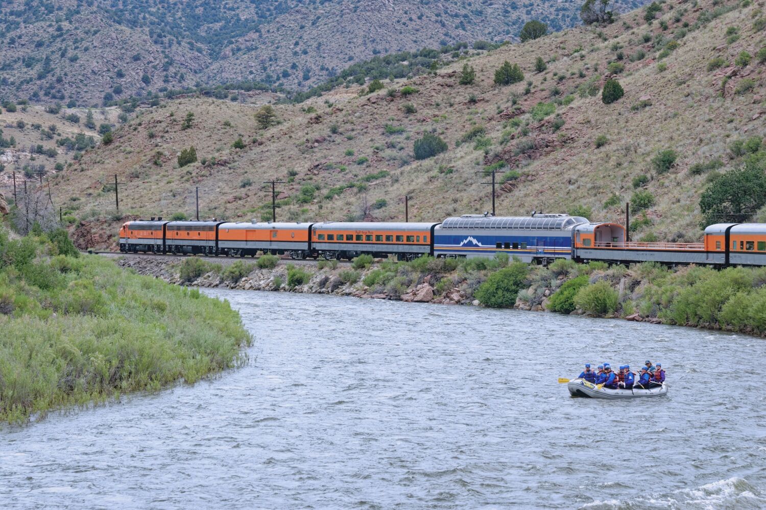 Trains and Rafting go good together at the Royal Gorge Route RR in Colorado. Rafting on the Arkansas River.