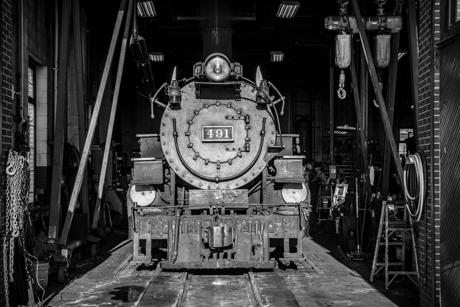 DRGW K-37 poses in stall 1 at the roundhouse at the Colorado Railroad Museum in Golden Colorado. 491 will soom be pulling a passenger...