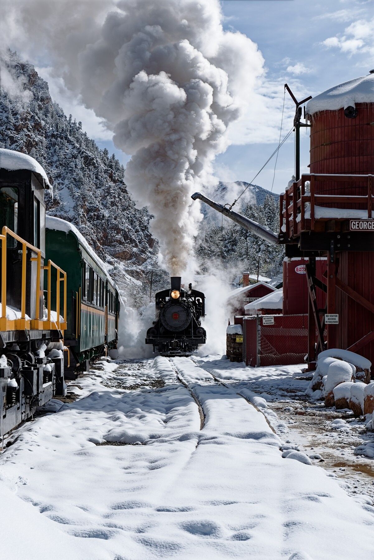 What a sight with steam and some snow in the Silver Plume yards at the Georgetown Loop Railroad.