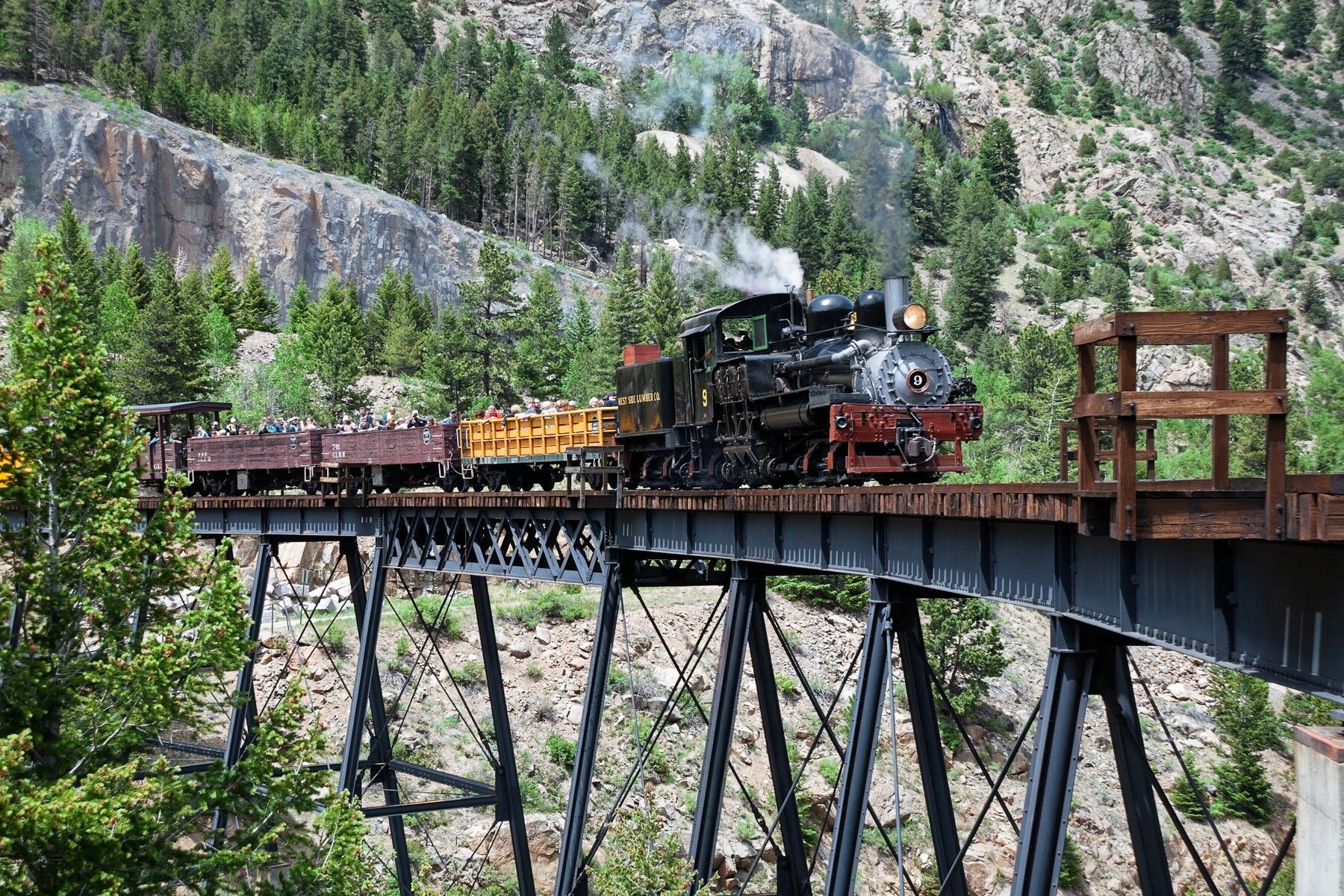 Shay #9 works her way across Devils Gate Bridge on her trip to Silver Plume on the Georgetown Loop Railroad Colorado.