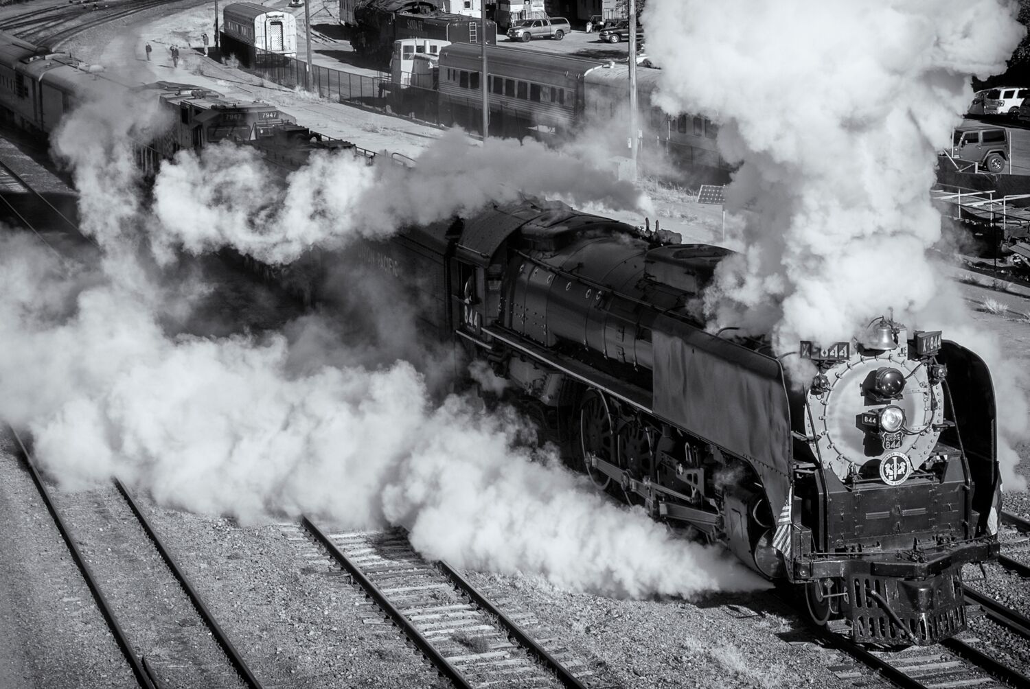 A wild start leaving Pueblo Colorado. Union Pacific 844 steam locomotive.