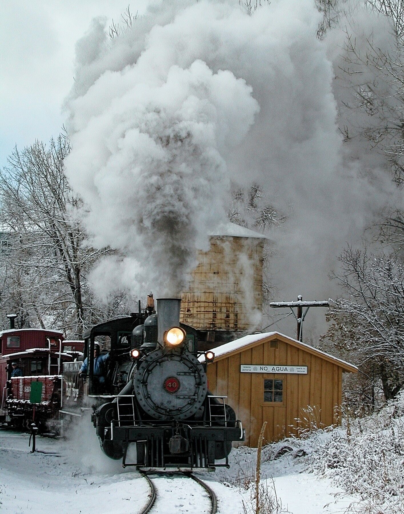 A Winter scene post card taken at the Colorado Railroad Museum in Golden Colorado.